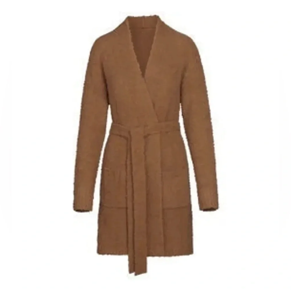 Skims Fit Cozy Knit Robe Tie Waist Long Sleeve Pockets Size 2X/3X Camel